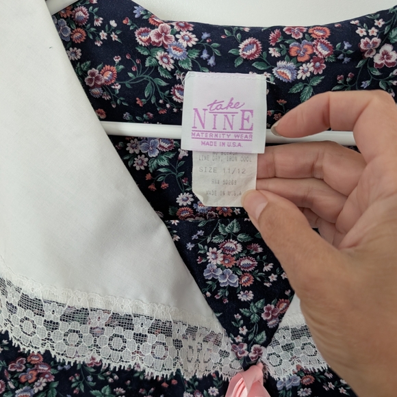 Vtg Navy With Pink + White Flower 3/4 Length Sleeve Maternity, Lace Collar, USA - Picture 3 of 8